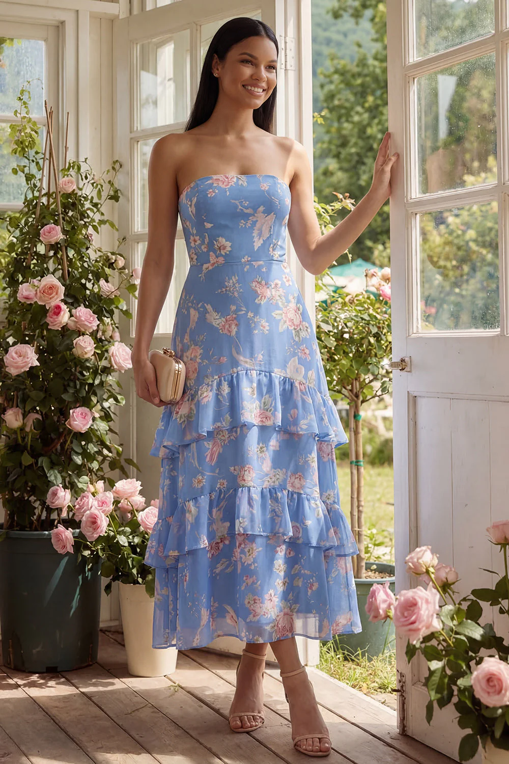 Chiffon Blue Sheath Strapless Tiered Printed Long Floral Dress - Image 2