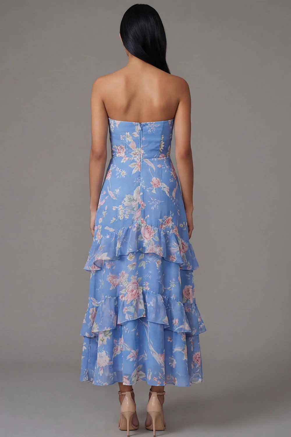 Chiffon Blue Sheath Strapless Tiered Printed Long Floral Dress - Image 3