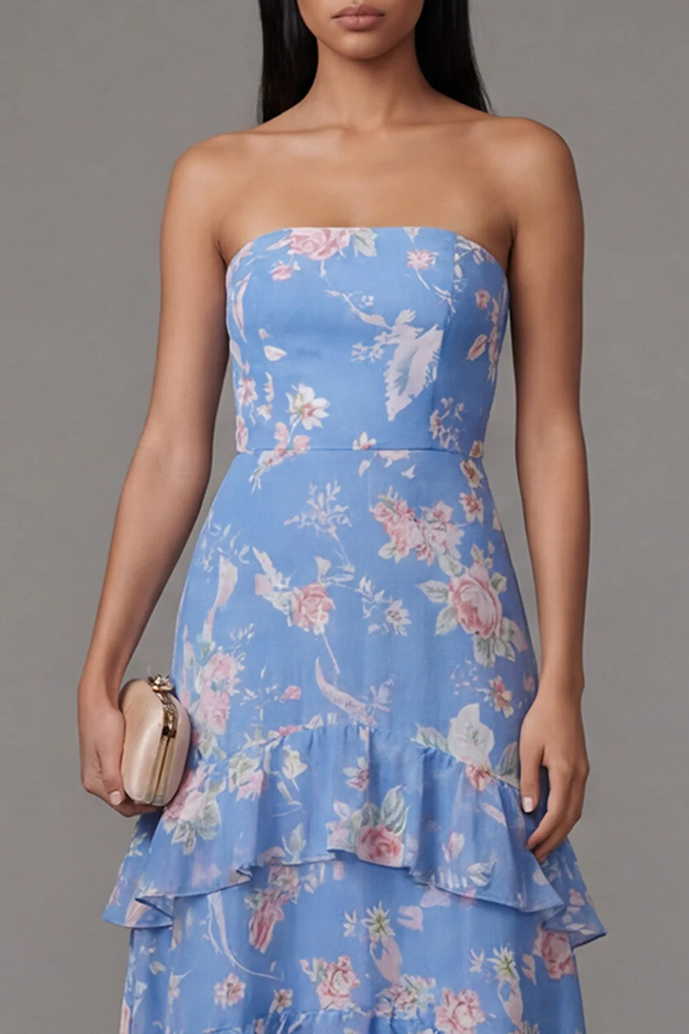 Chiffon Blue Sheath Strapless Tiered Printed Long Floral Dress - Image 4