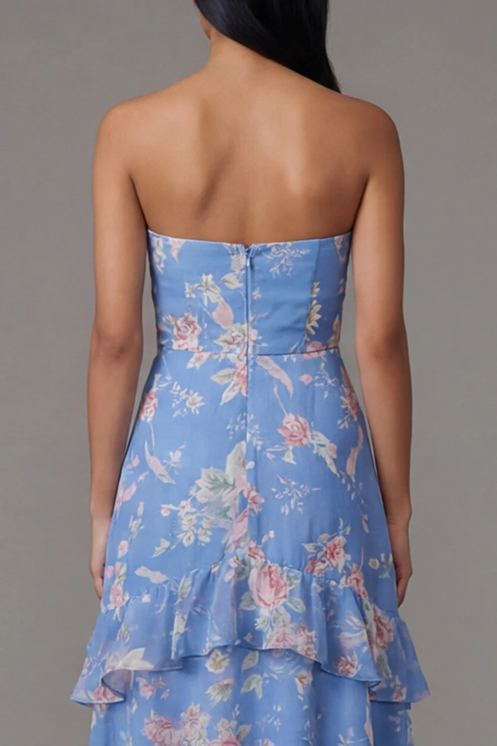 Chiffon Blue Sheath Strapless Tiered Printed Long Floral Dress - Image 5