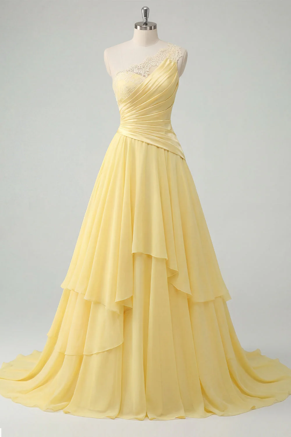 One Shoulder Chiffon Butter Yellow A-Line Ruched Maxi Dress