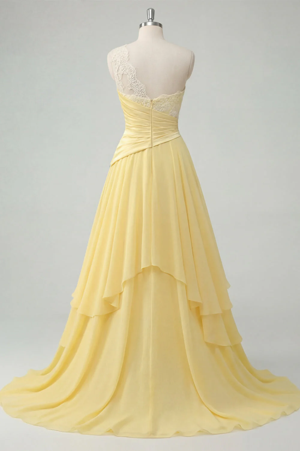 One Shoulder Chiffon Butter Yellow A-Line Ruched Maxi Dress - Image 2