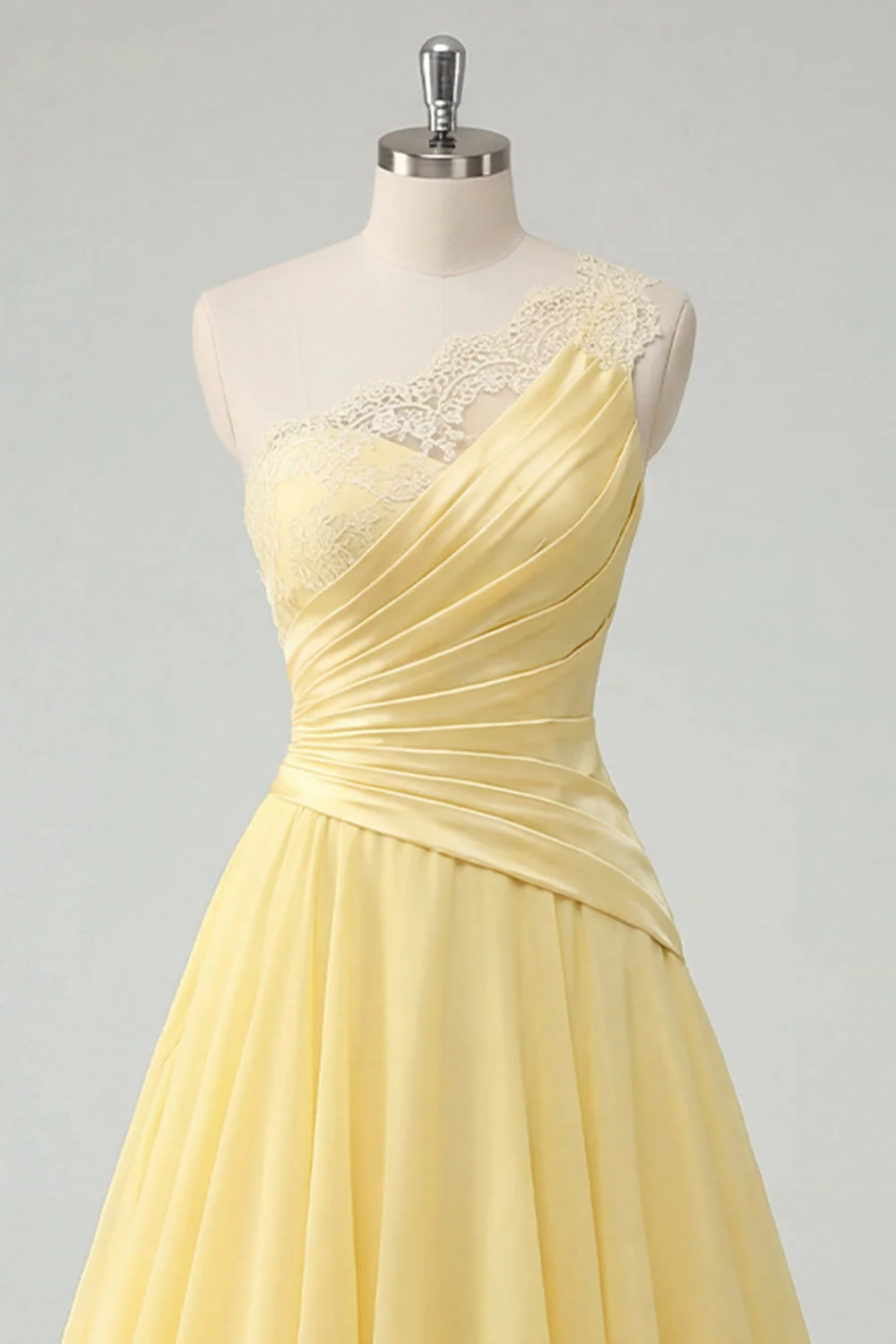 One Shoulder Chiffon Butter Yellow A-Line Ruched Maxi Dress - Image 3