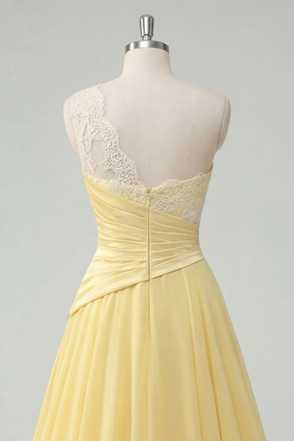 One Shoulder Chiffon Butter Yellow A-Line Ruched Maxi Dress - Image 4