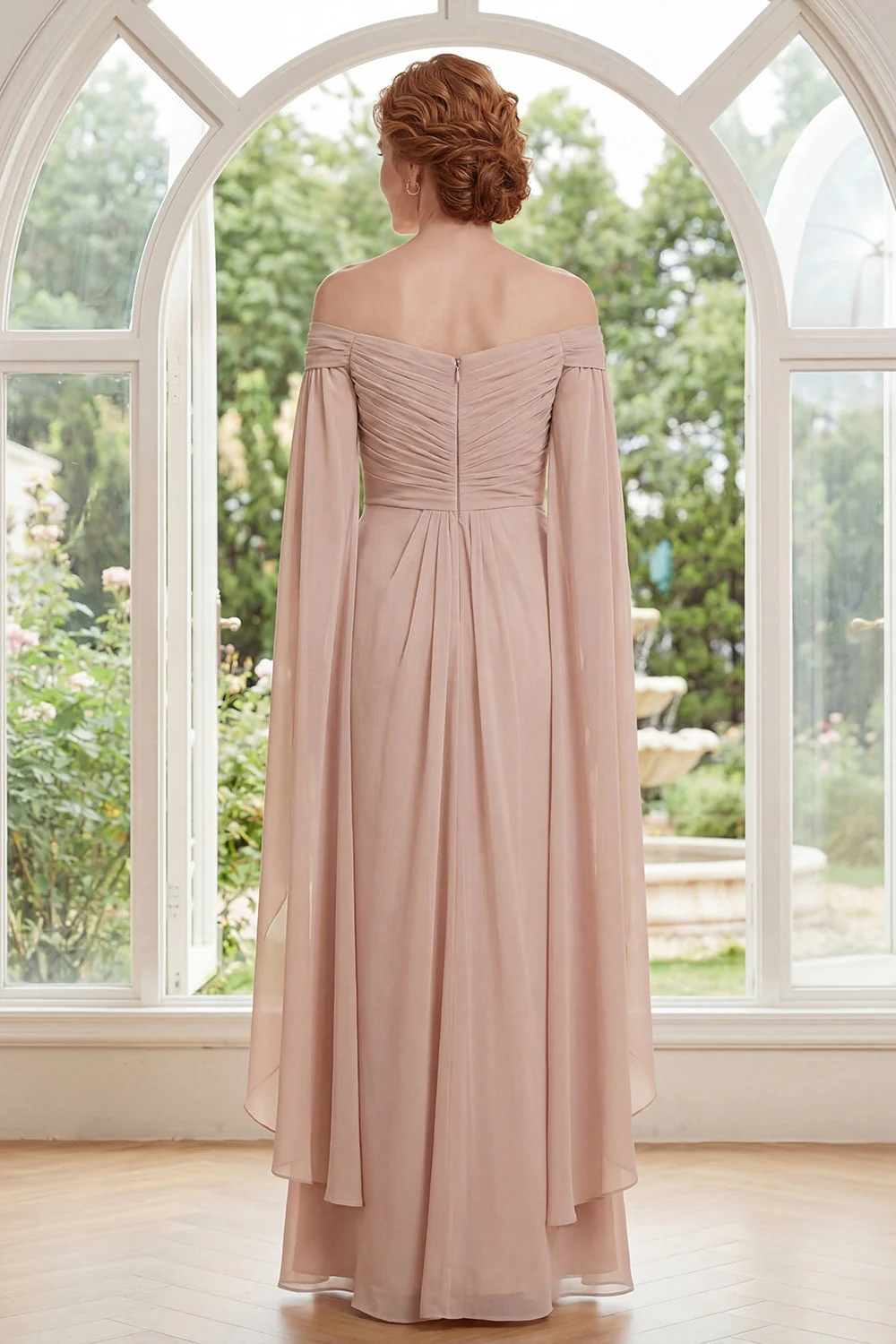 Champagne Off the Shoulder Ruched Chiffon Mother Of the Bride Dress with Cape Sleeves - Image 2