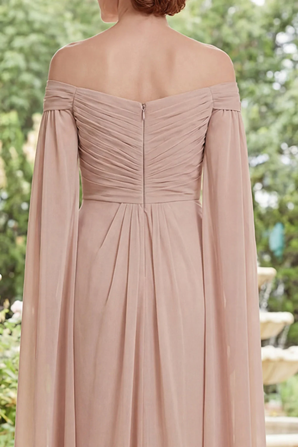 Champagne Off the Shoulder Ruched Chiffon Mother Of the Bride Dress with Cape Sleeves - Image 4