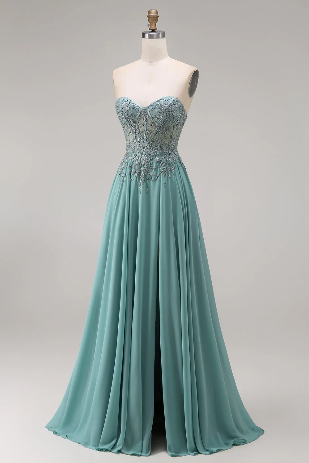 Sweetheart Corset A-Line Eucalyptus Beaded Long Prom Dress with Slit - Image 3