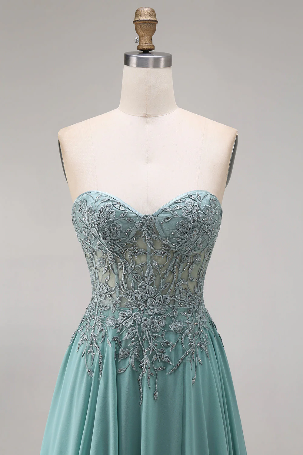 Sweetheart Corset A-Line Eucalyptus Beaded Long Prom Dress with Slit - Image 4