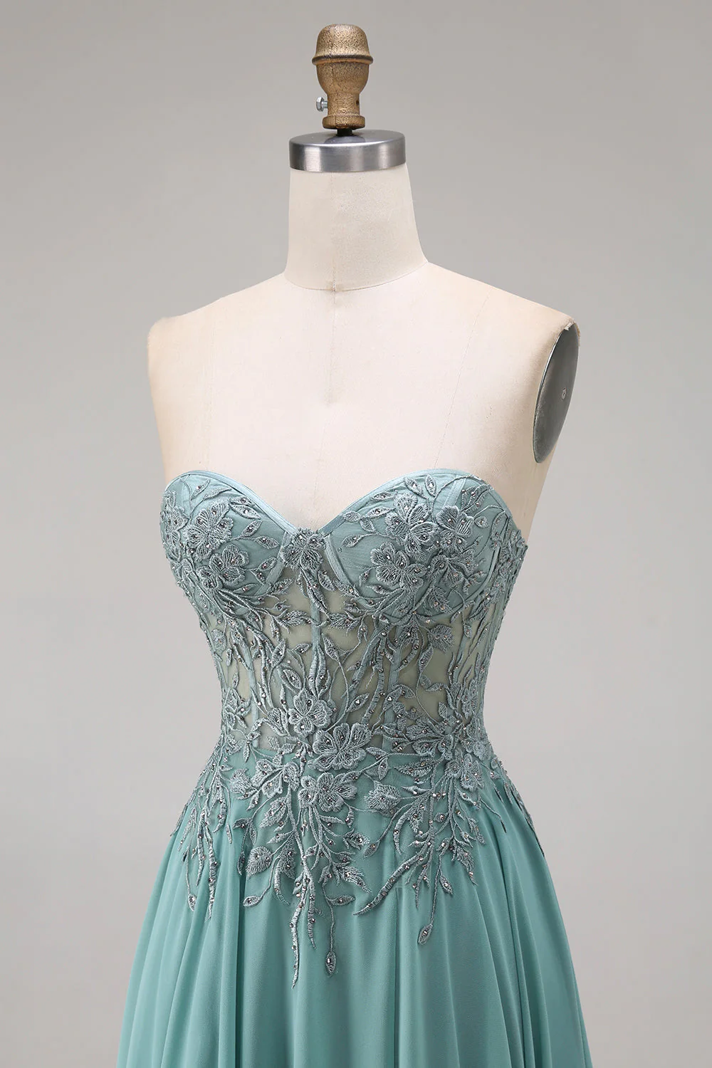 Sweetheart Corset A-Line Eucalyptus Beaded Long Prom Dress with Slit - Image 6