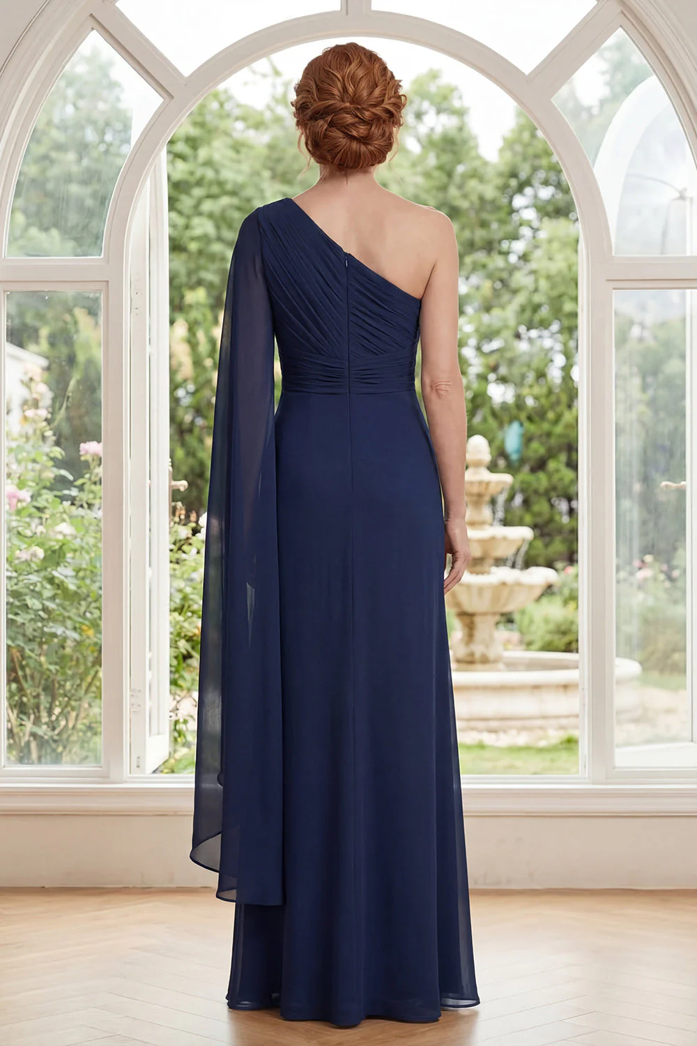 Navy One Shoulder Sheath Chiffon Mother Of the Bride Dress with Cape Sleeve - Image 2