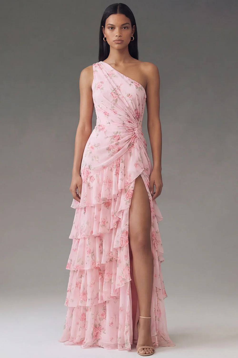 Chiffon One Shoulder Pink Ruched Tiered Printed Long Floral Dress with Slit