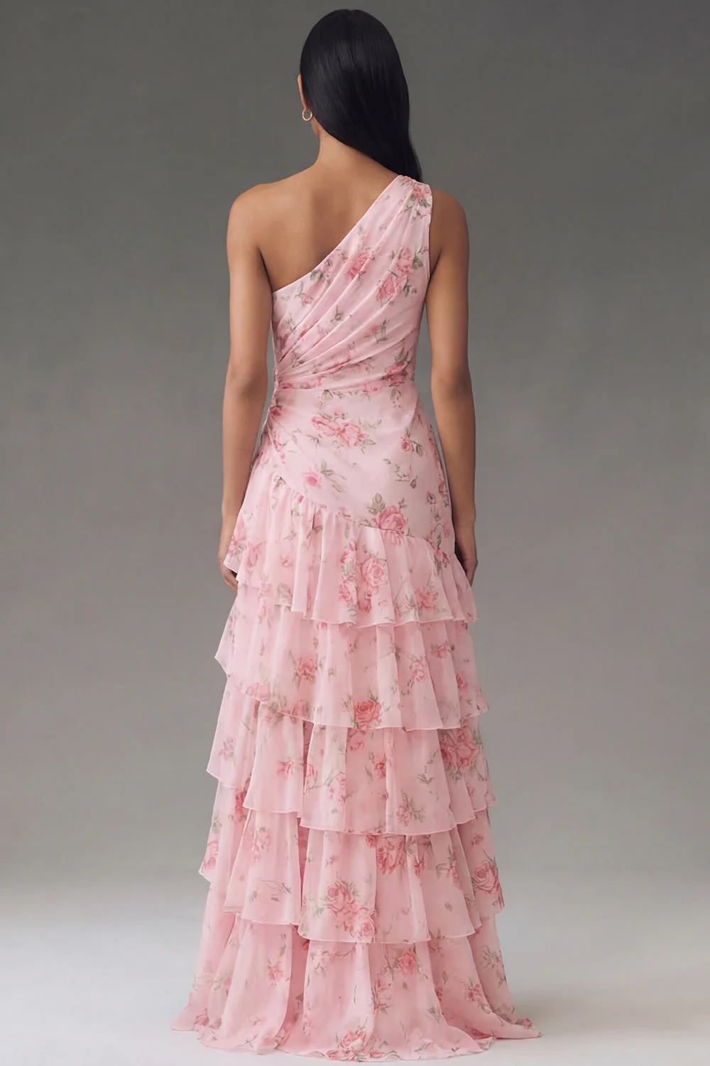 Chiffon One Shoulder Pink Ruched Tiered Printed Long Floral Dress with Slit - Image 3