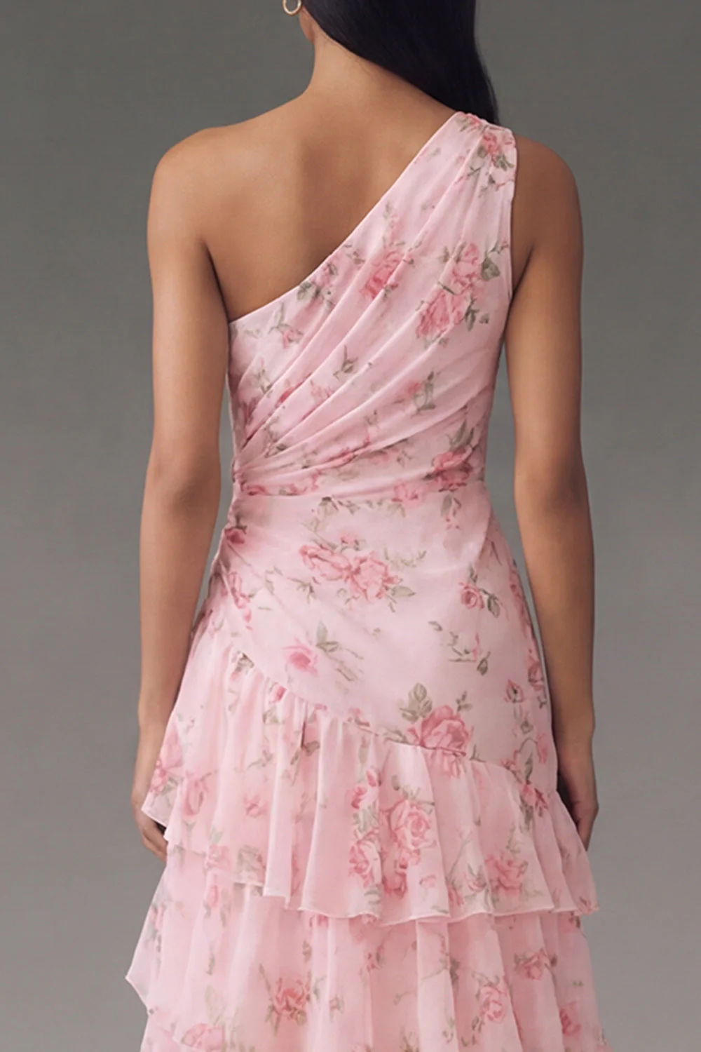 Chiffon One Shoulder Pink Ruched Tiered Printed Long Floral Dress with Slit - Image 5