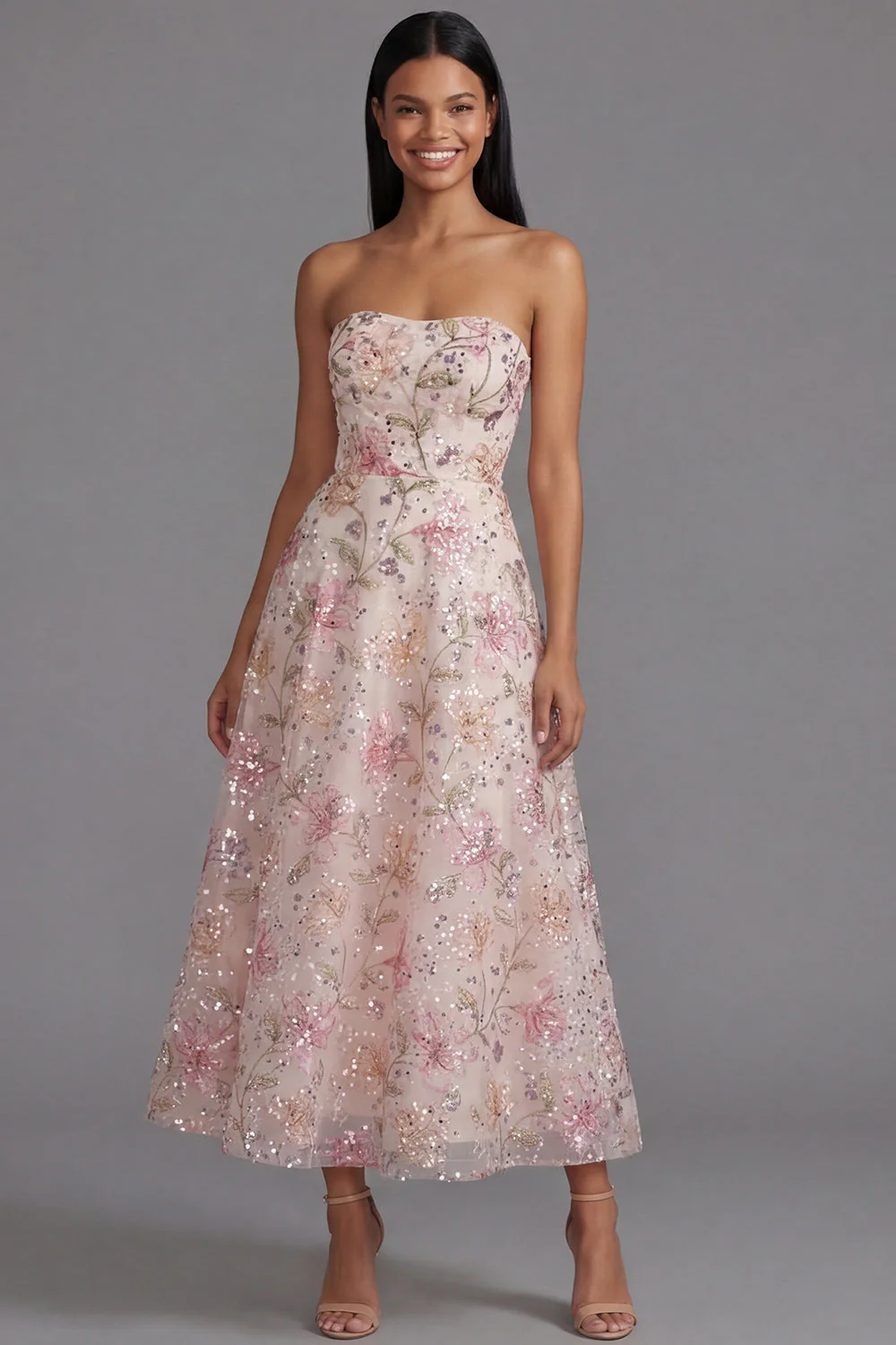Chiffon Pink Strapless Printed Long Floral Dress with Beading