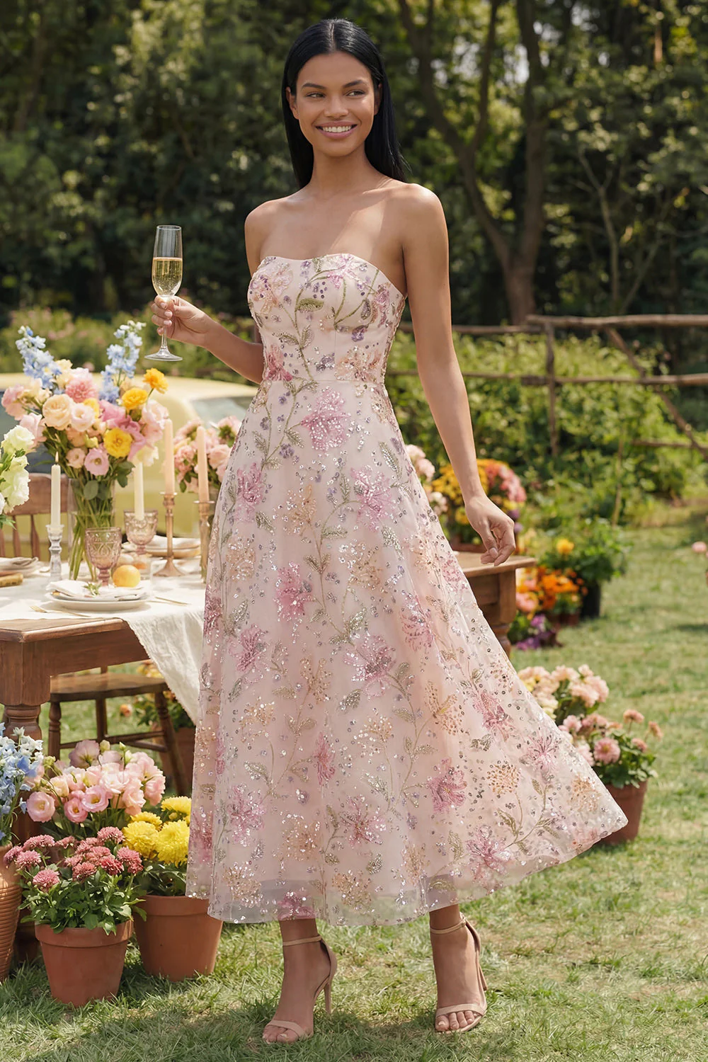 Chiffon Pink Strapless Printed Long Floral Dress with Beading - Image 2