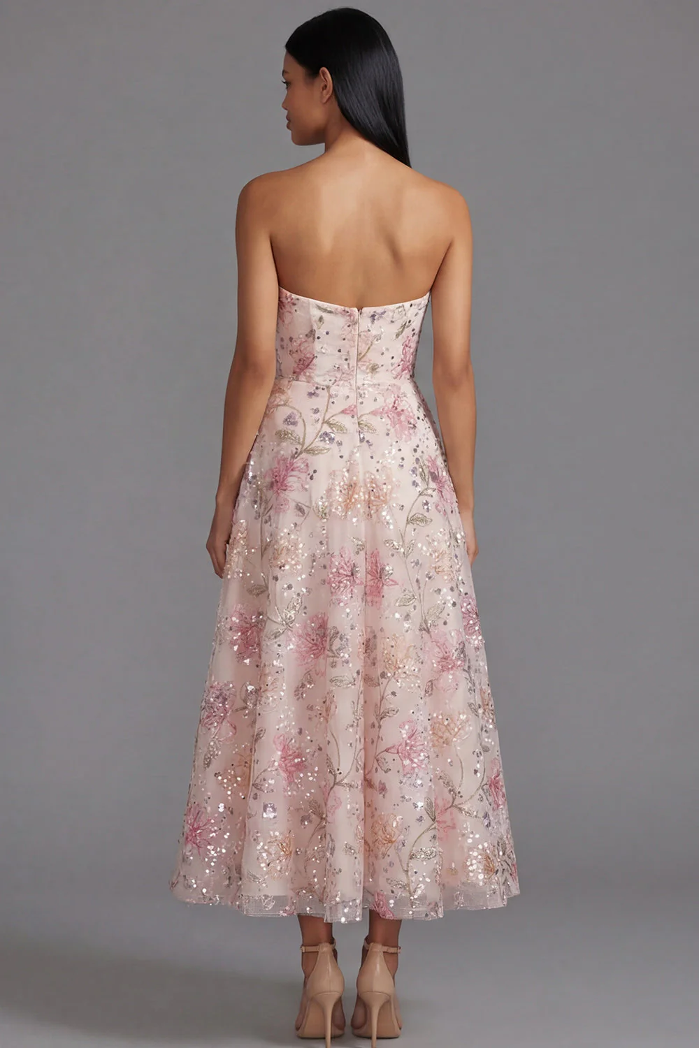 Chiffon Pink Strapless Printed Long Floral Dress with Beading - Image 3