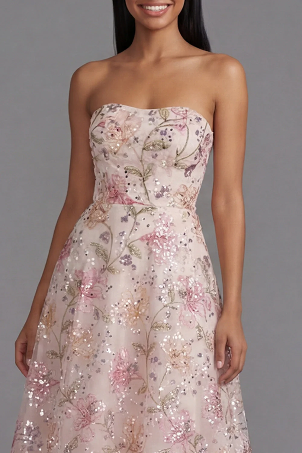 Chiffon Pink Strapless Printed Long Floral Dress with Beading - Image 4