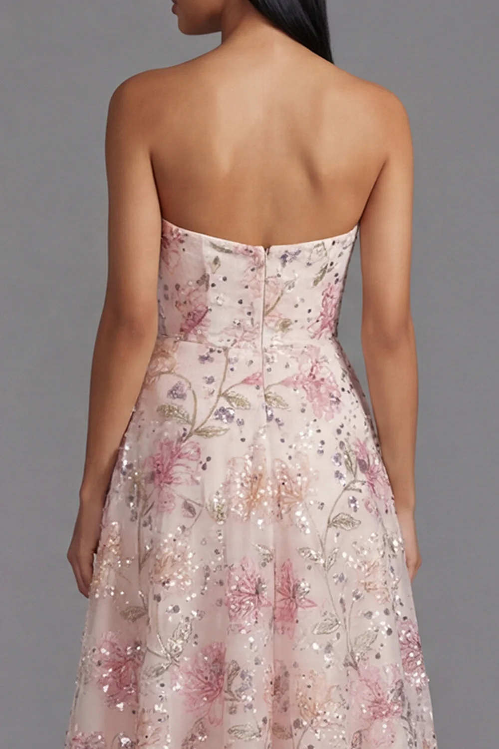 Chiffon Pink Strapless Printed Long Floral Dress with Beading - Image 5