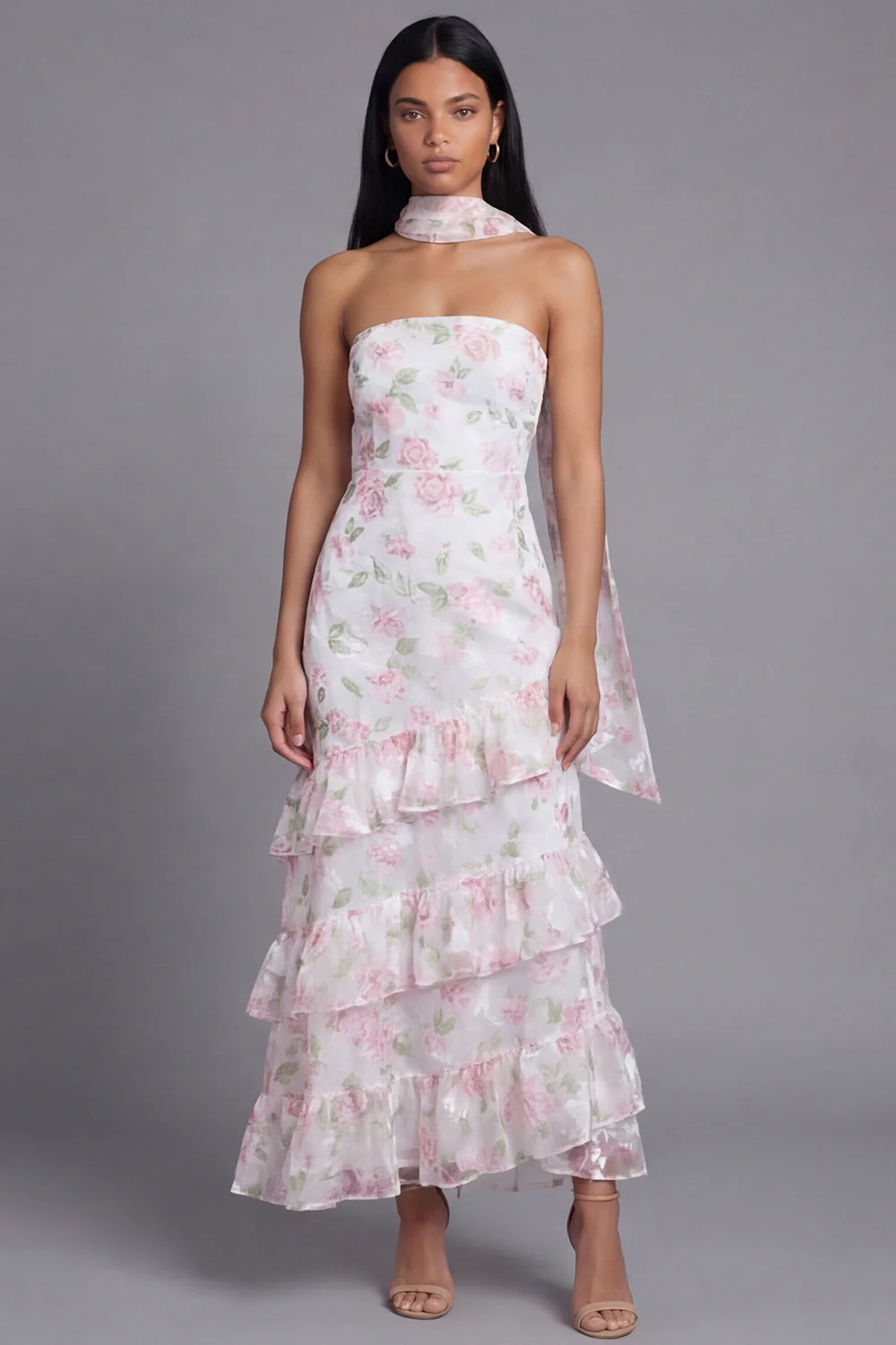 Chiffon White Pink Flower Strapless Sheath Ruffled Long Floral Dress with Neck Scarf