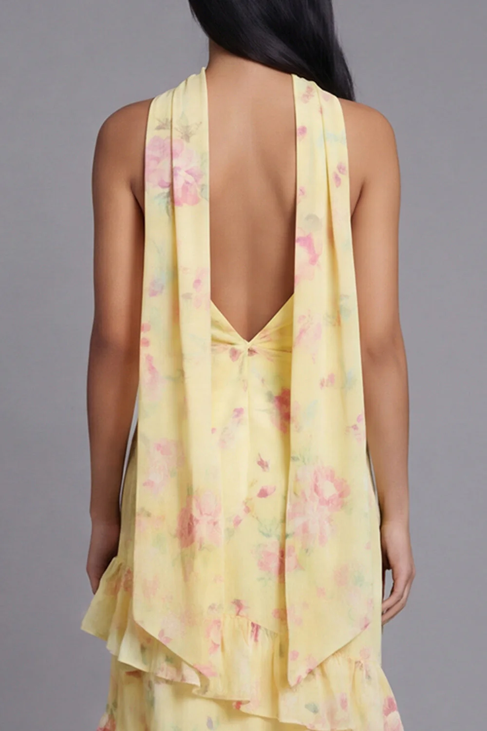 Chiffon White Pink Flower Strapless Sheath Ruffled Long Floral Dress with Neck Scarf - Image 10