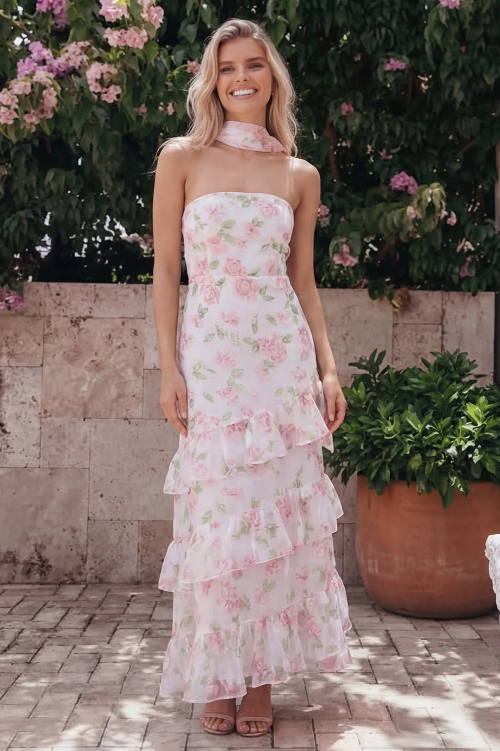 Chiffon White Pink Flower Strapless Sheath Ruffled Long Floral Dress with Neck Scarf - Image 2