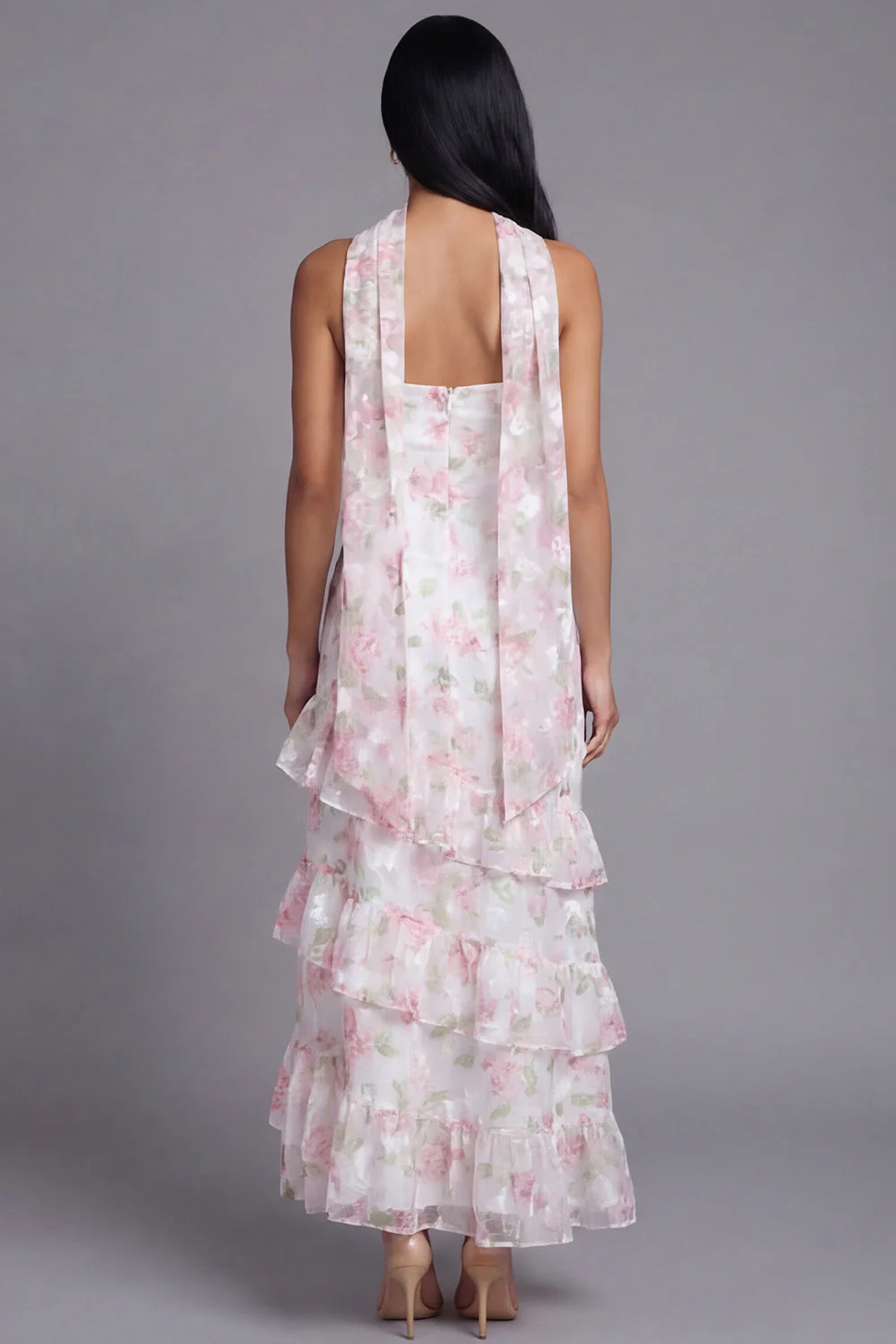 Chiffon White Pink Flower Strapless Sheath Ruffled Long Floral Dress with Neck Scarf - Image 3