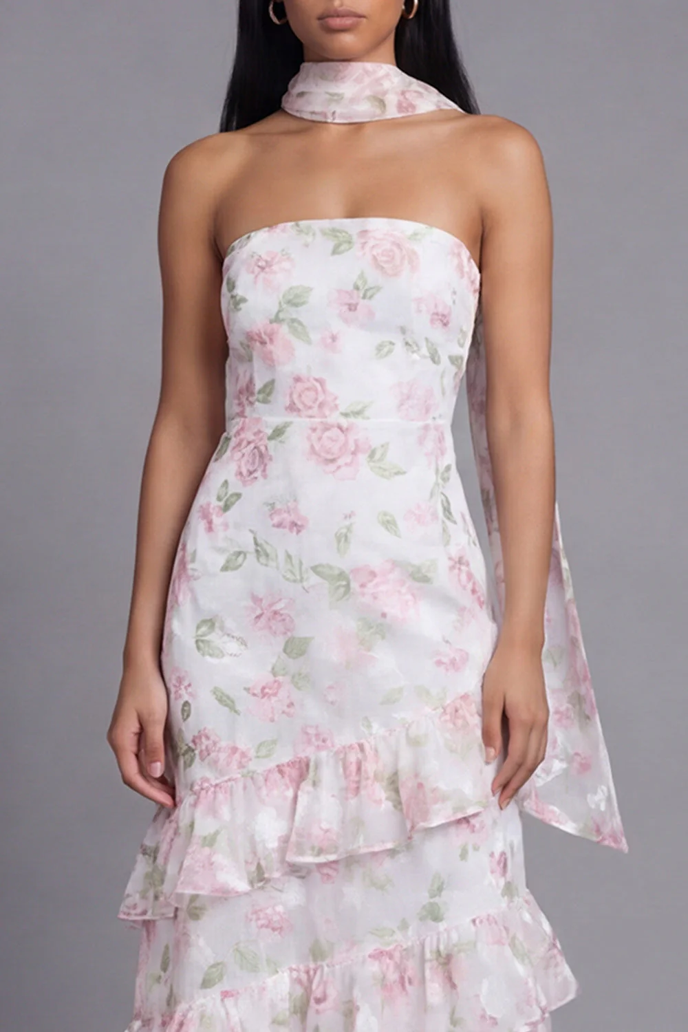 Chiffon White Pink Flower Strapless Sheath Ruffled Long Floral Dress with Neck Scarf - Image 4