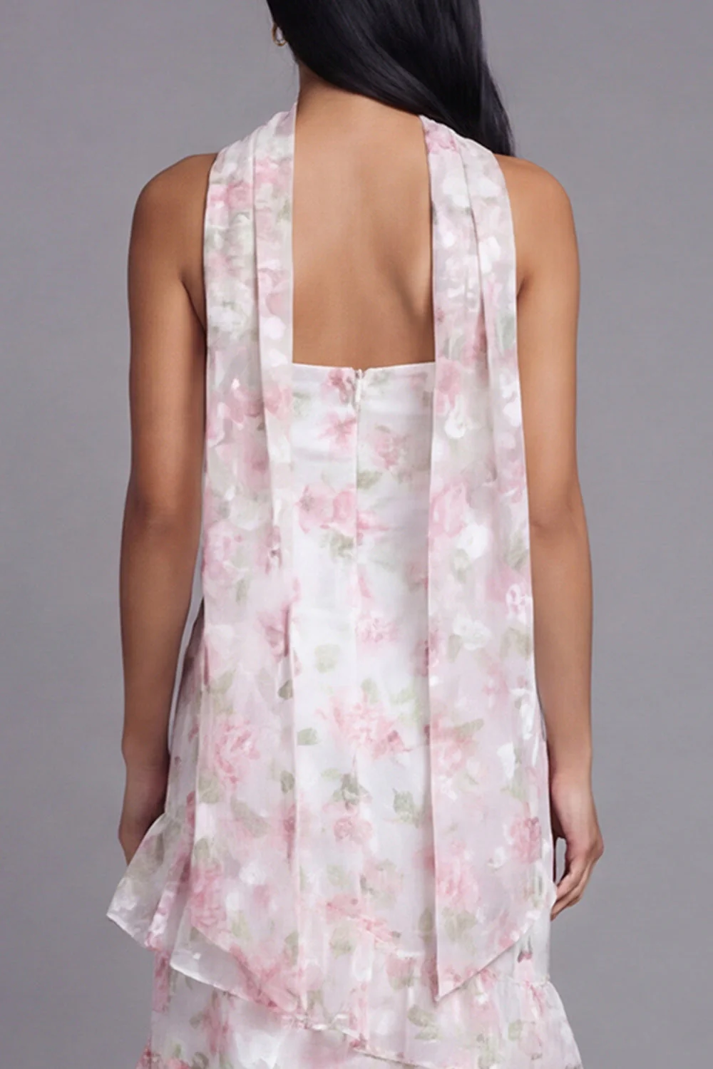 Chiffon White Pink Flower Strapless Sheath Ruffled Long Floral Dress with Neck Scarf - Image 5