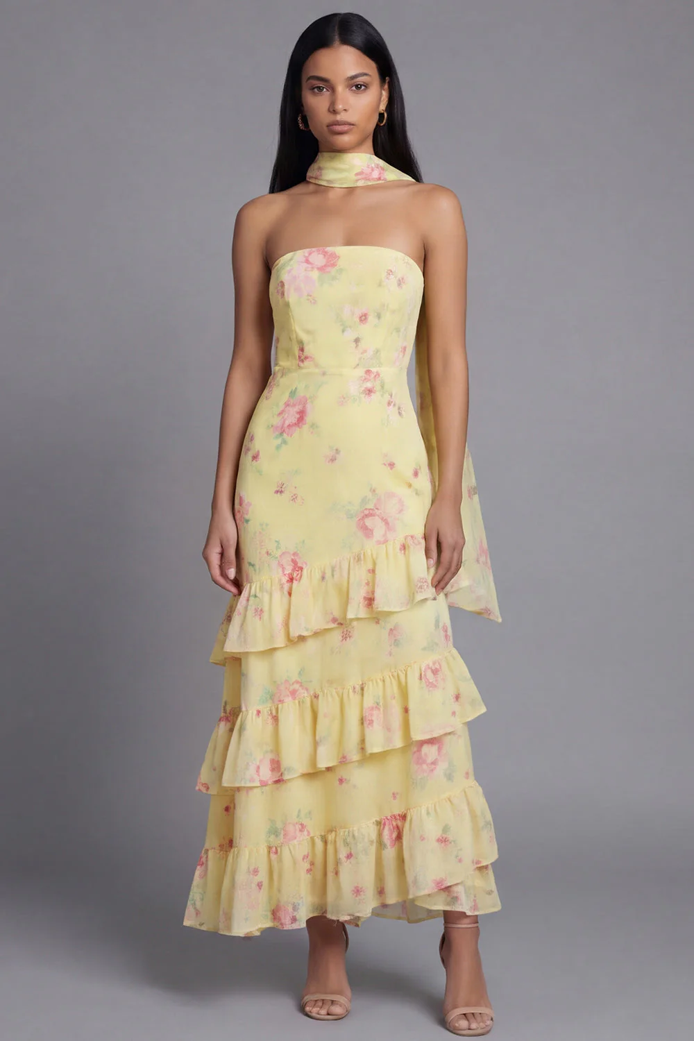 Chiffon White Pink Flower Strapless Sheath Ruffled Long Floral Dress with Neck Scarf - Image 6