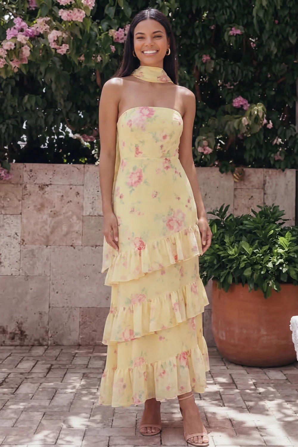 Chiffon White Pink Flower Strapless Sheath Ruffled Long Floral Dress with Neck Scarf - Image 7
