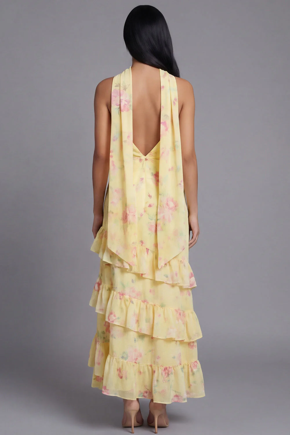 Chiffon White Pink Flower Strapless Sheath Ruffled Long Floral Dress with Neck Scarf - Image 8