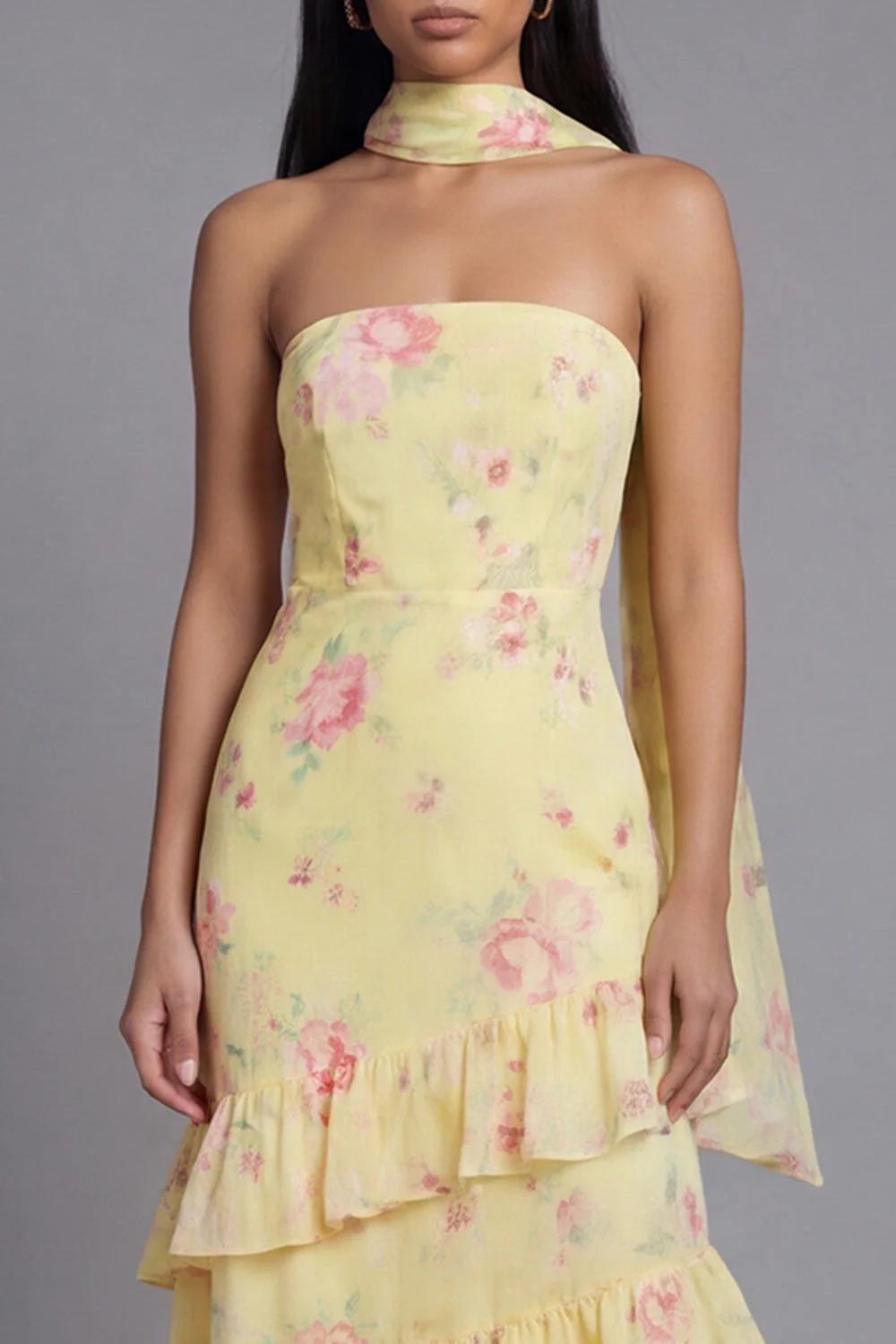 Chiffon White Pink Flower Strapless Sheath Ruffled Long Floral Dress with Neck Scarf - Image 9