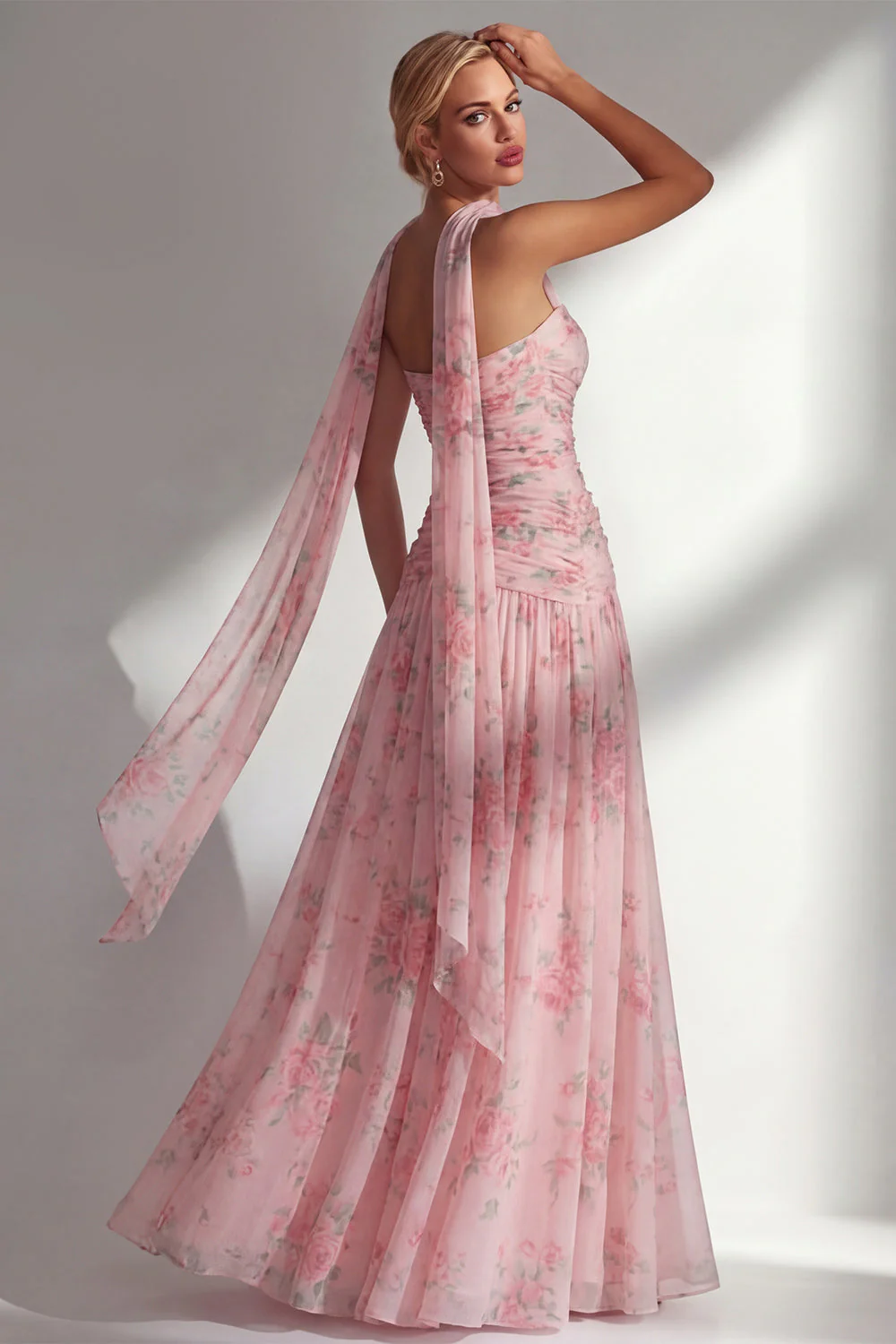 Yellow Floral Printed Ruched Strapless Chiffon Long Bridesmaid Dress with Slit - Image 10