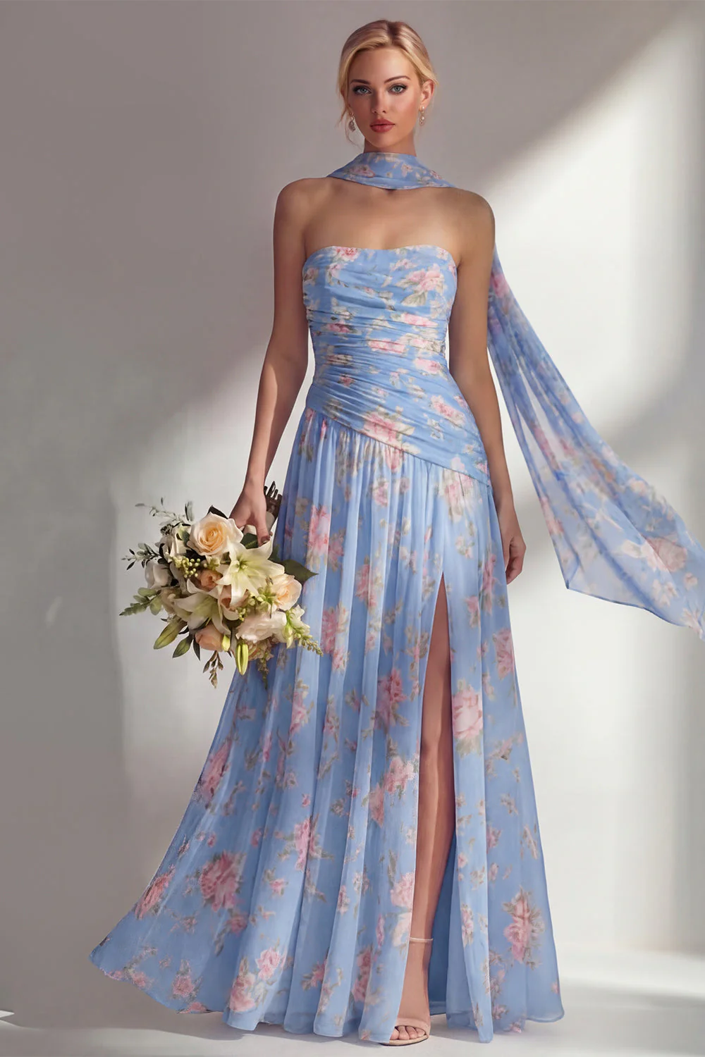 Yellow Floral Printed Ruched Strapless Chiffon Long Bridesmaid Dress with Slit - Image 5