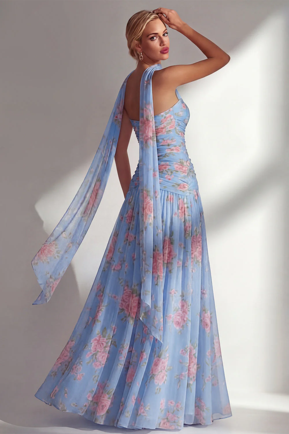 Yellow Floral Printed Ruched Strapless Chiffon Long Bridesmaid Dress with Slit - Image 6