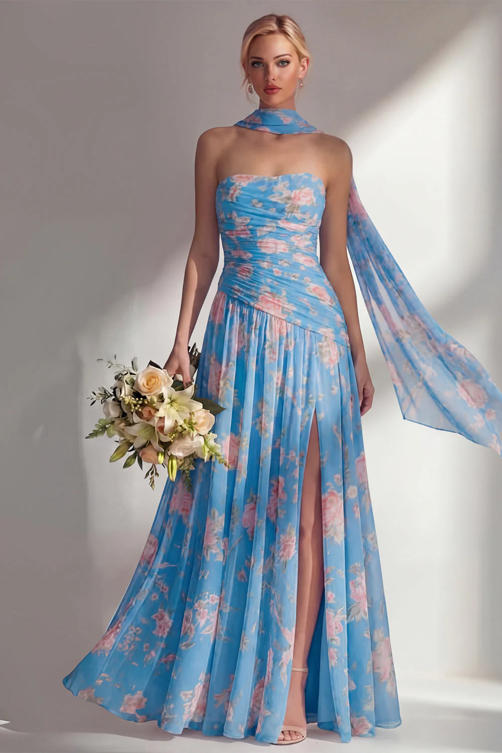 Yellow Floral Printed Ruched Strapless Chiffon Long Bridesmaid Dress with Slit - Image 7