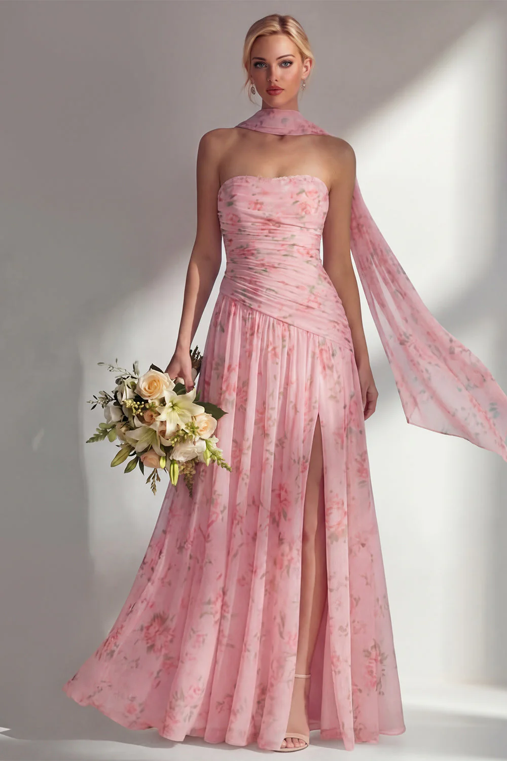 Yellow Floral Printed Ruched Strapless Chiffon Long Bridesmaid Dress with Slit - Image 9
