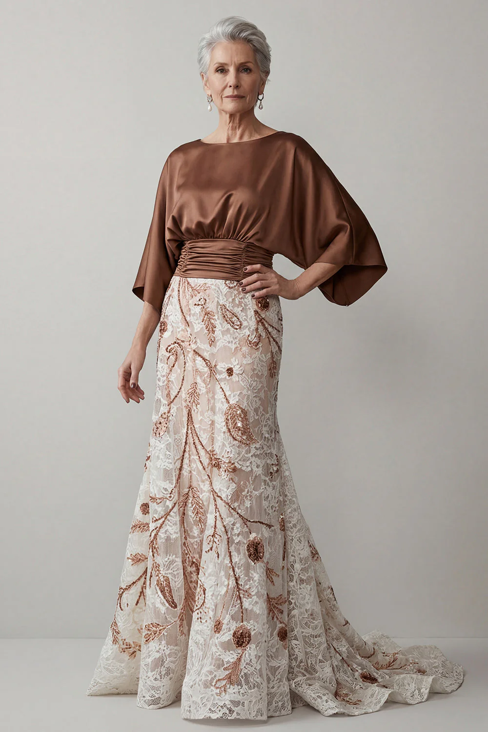 Coffee Mermaid 3/4 Sleeves Long Mother of the Bride Dress