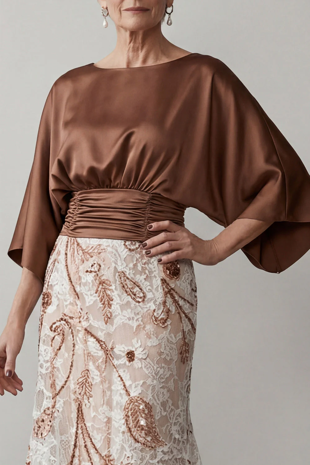 Coffee Mermaid 3/4 Sleeves Long Mother of the Bride Dress - Image 3