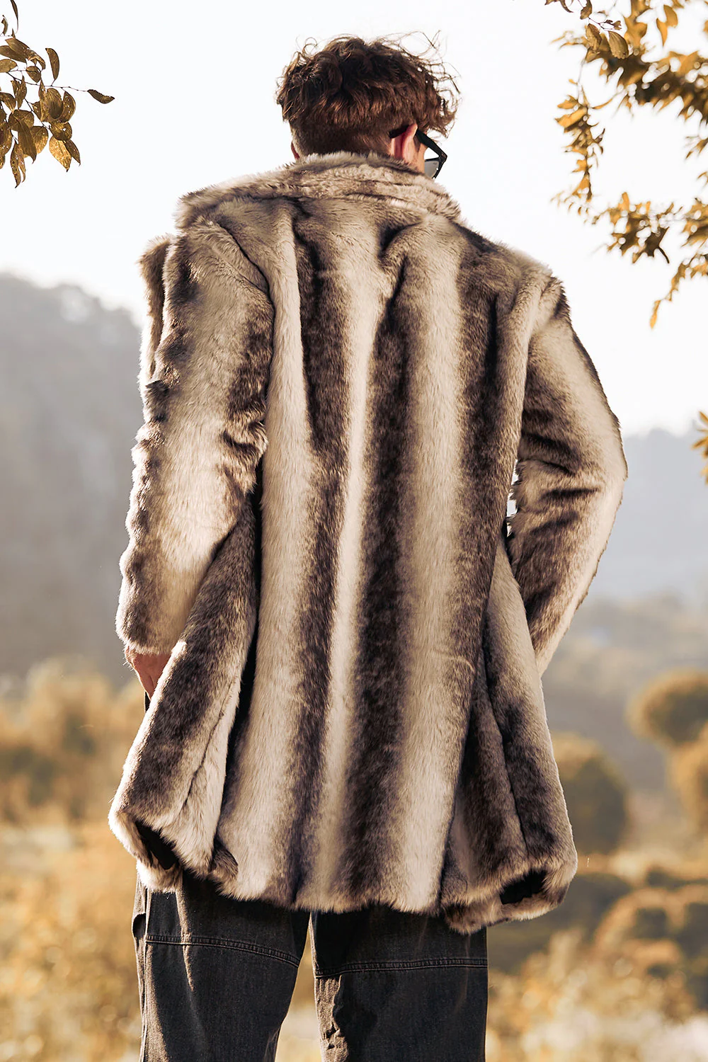 Coffee Faux Fur Single-Breasted Mid-Length Winter Men's Coat - Image 2