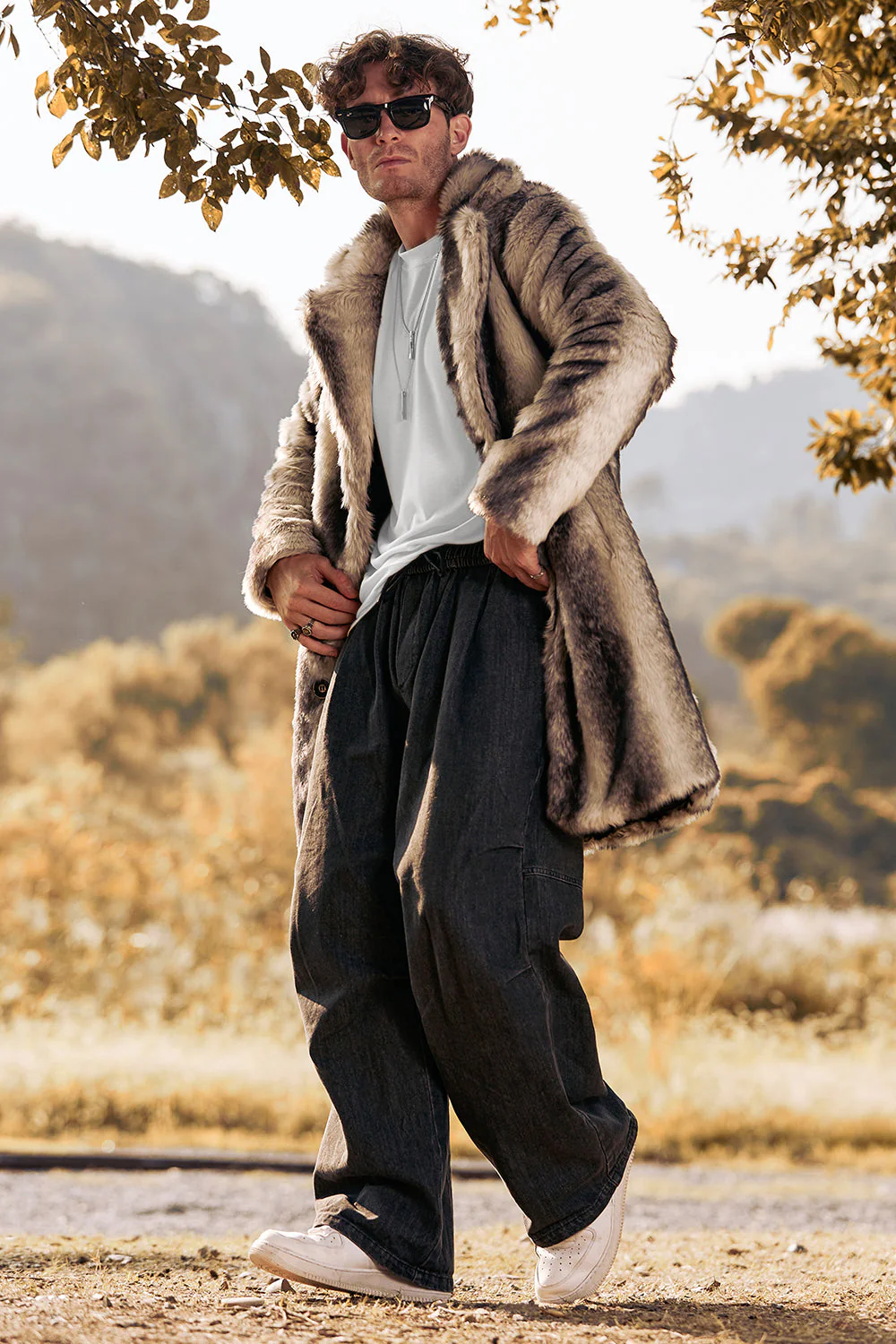 Coffee Faux Fur Single-Breasted Mid-Length Winter Men's Coat - Image 3