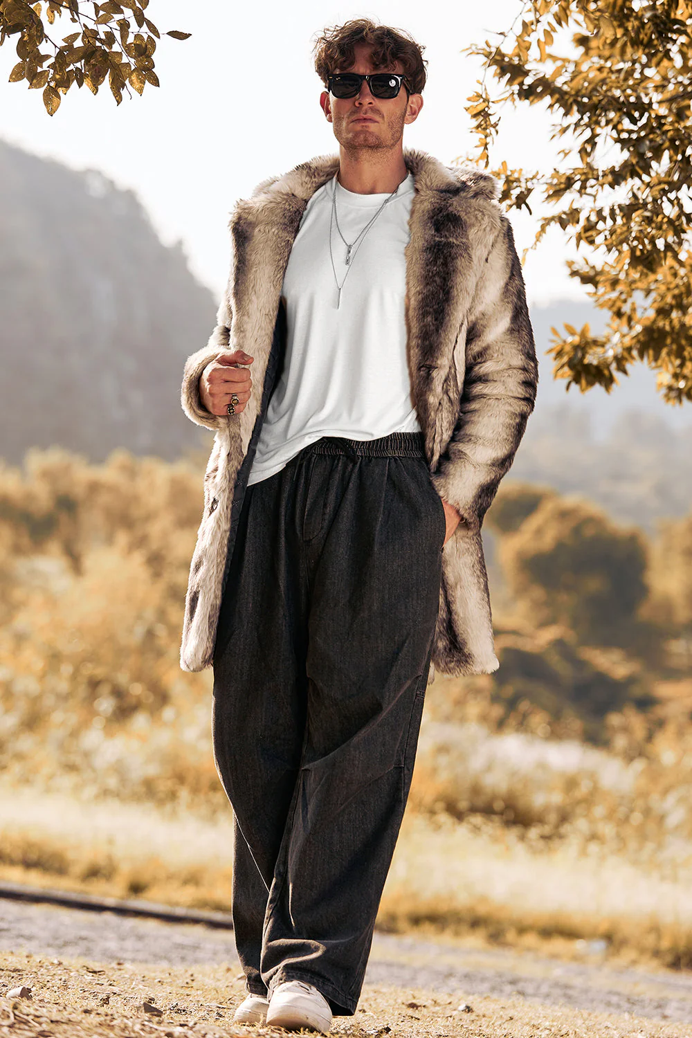Coffee Faux Fur Single-Breasted Mid-Length Winter Men's Coat - Image 4