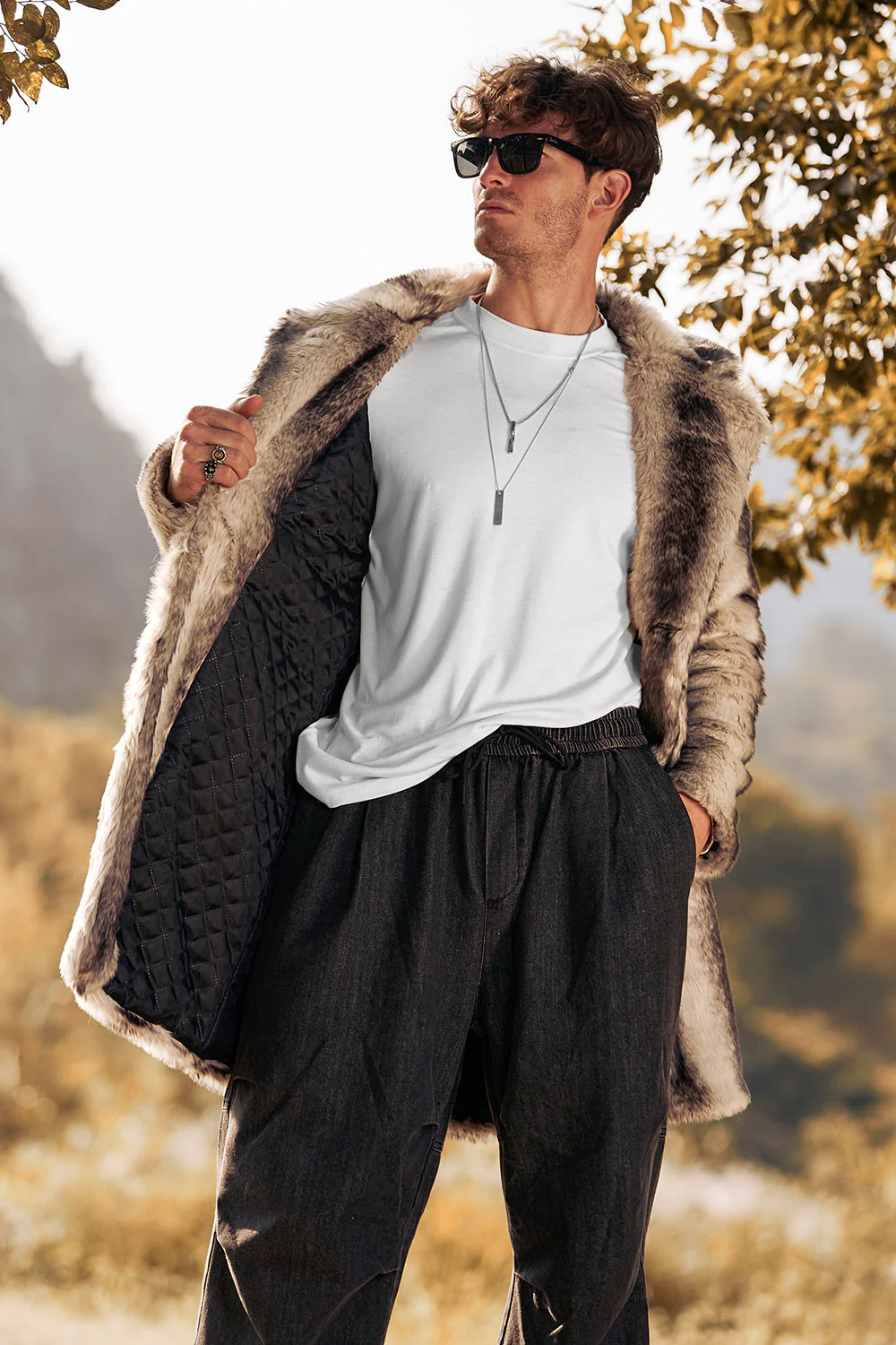 Coffee Faux Fur Single-Breasted Mid-Length Winter Men's Coat - Image 5