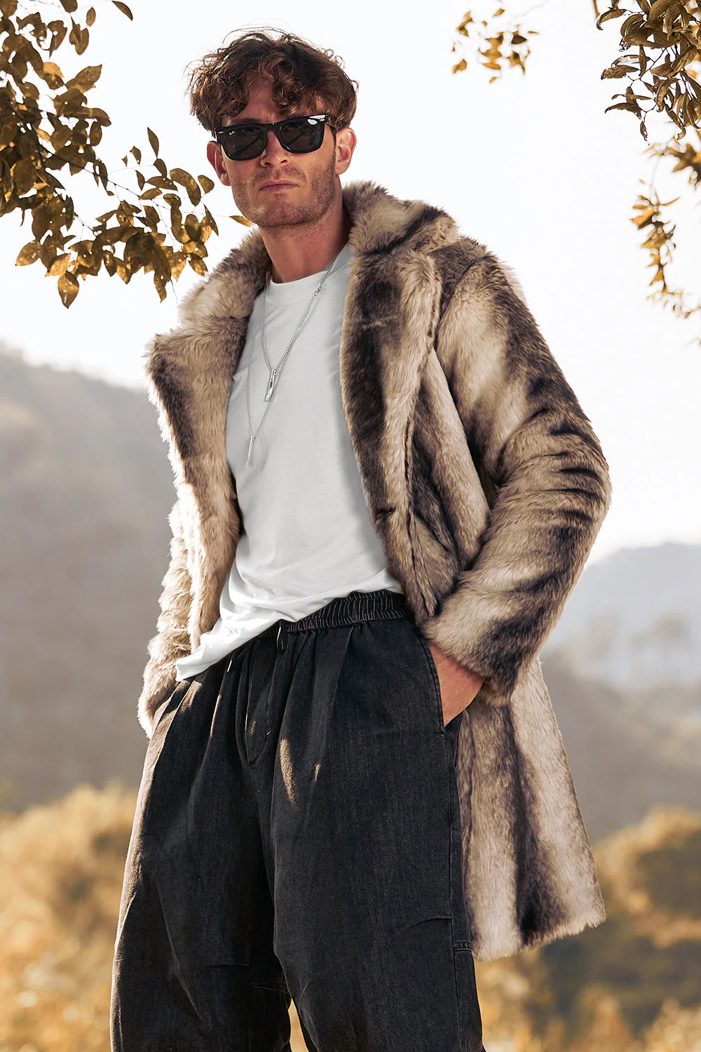 Coffee Faux Fur Single-Breasted Mid-Length Winter Men's Coat - Image 6