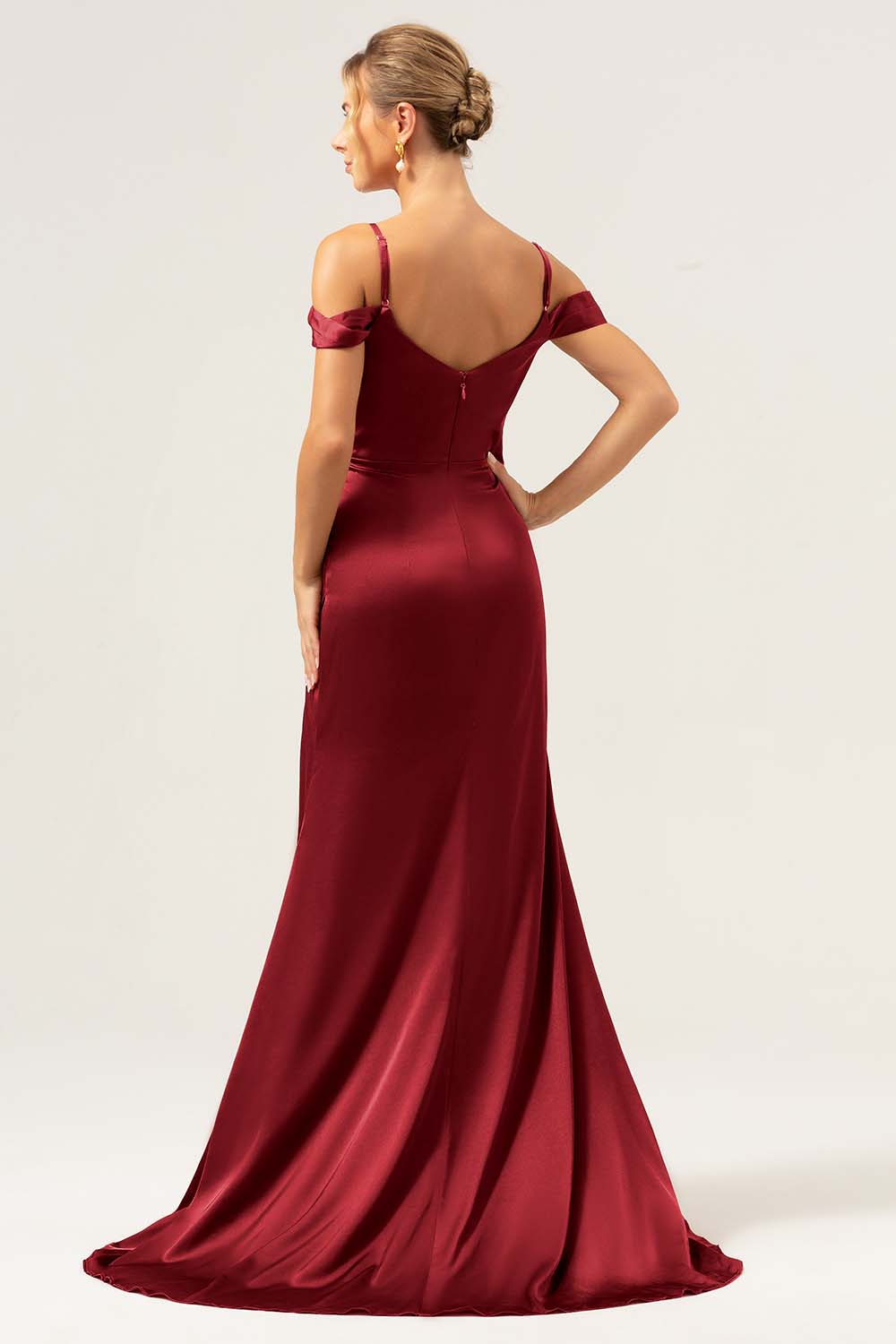 Coffee Mermaid Cold Shoulder Ruched Corset Long Bridesmaid Dress with Slit - Image 10