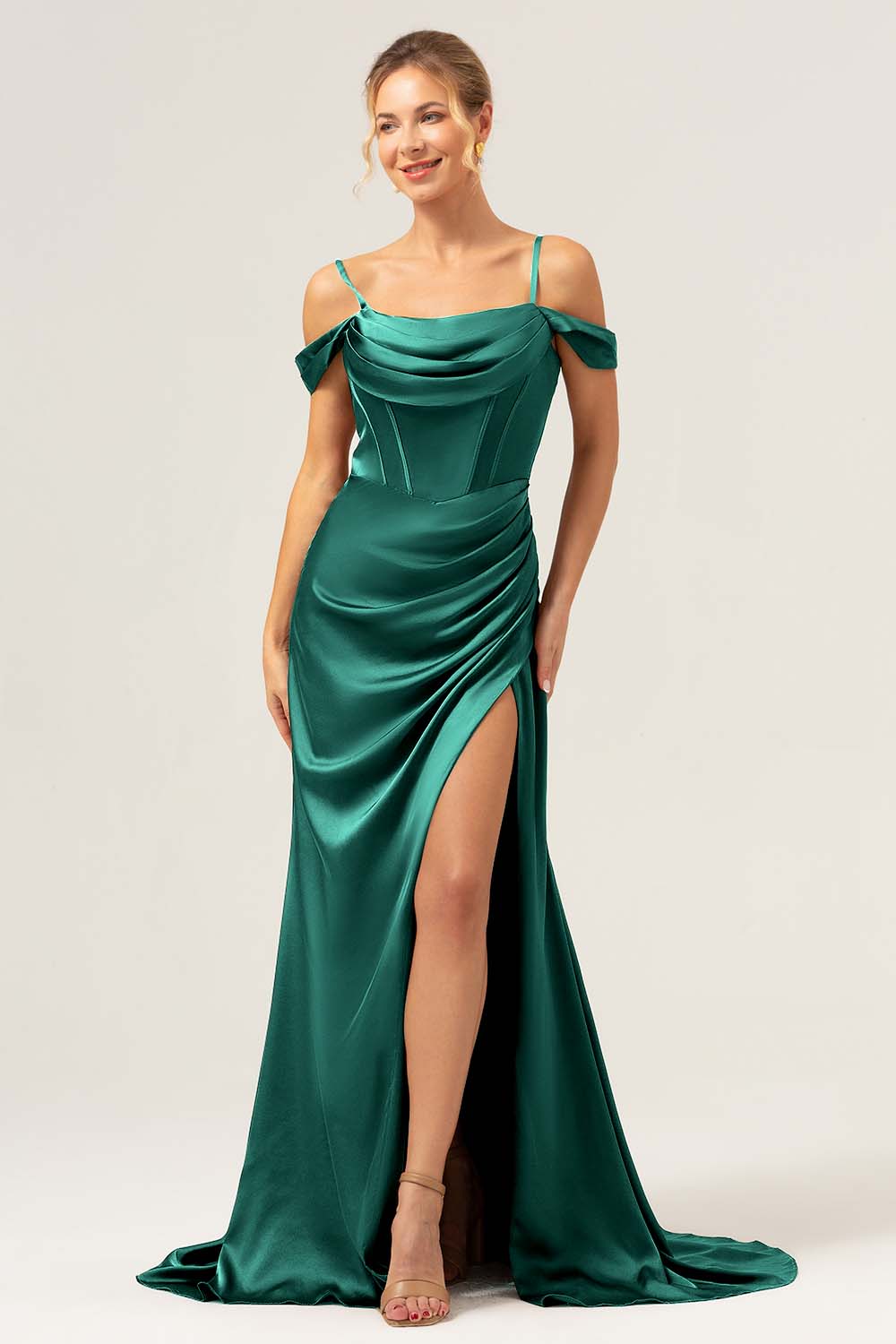 Coffee Mermaid Cold Shoulder Ruched Corset Long Bridesmaid Dress with Slit - Image 11