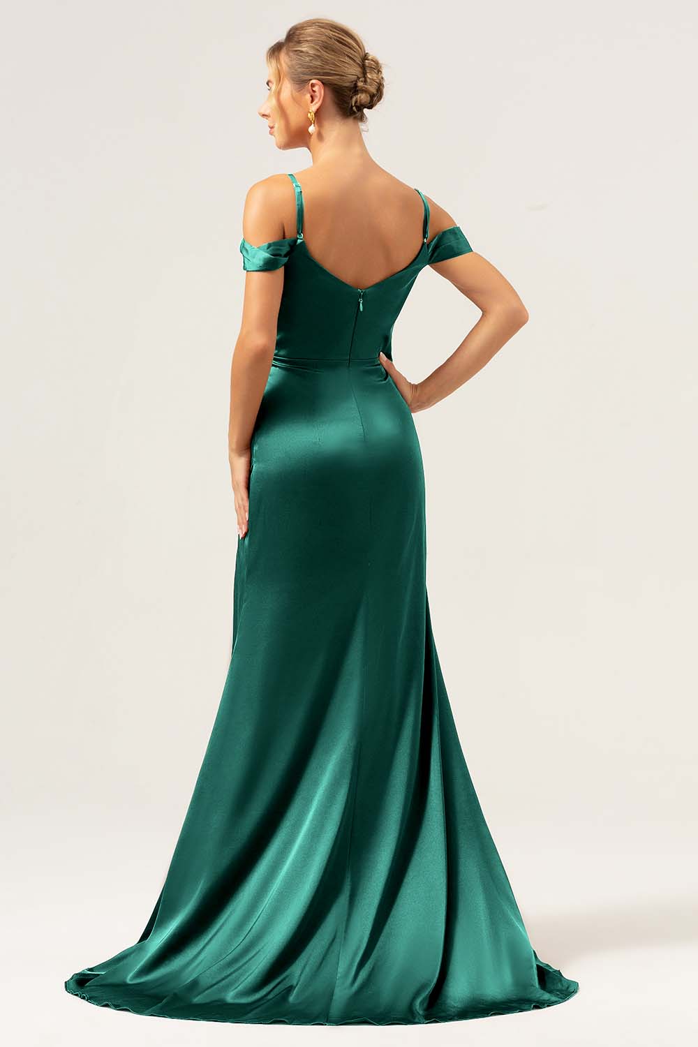 Coffee Mermaid Cold Shoulder Ruched Corset Long Bridesmaid Dress with Slit - Image 12