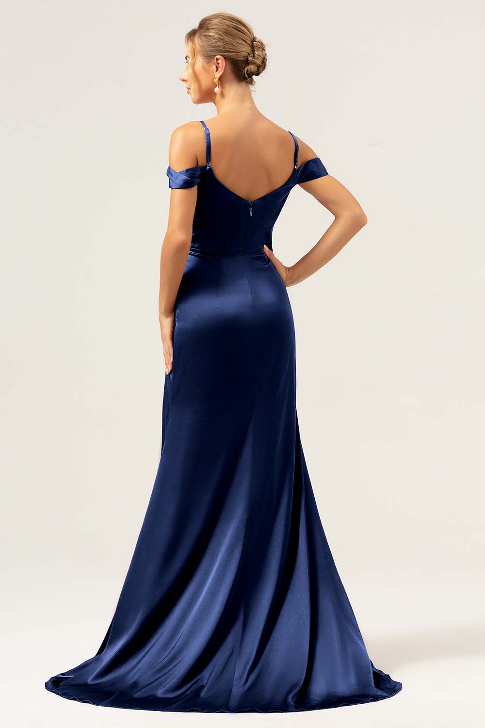 Coffee Mermaid Cold Shoulder Ruched Corset Long Bridesmaid Dress with Slit - Image 14
