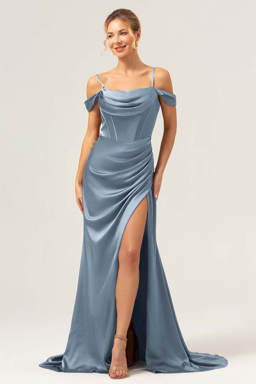 Coffee Mermaid Cold Shoulder Ruched Corset Long Bridesmaid Dress with Slit - Image 15
