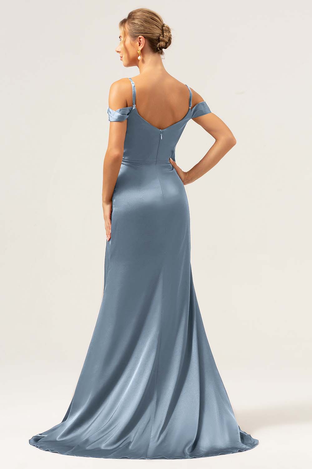 Coffee Mermaid Cold Shoulder Ruched Corset Long Bridesmaid Dress with Slit - Image 16
